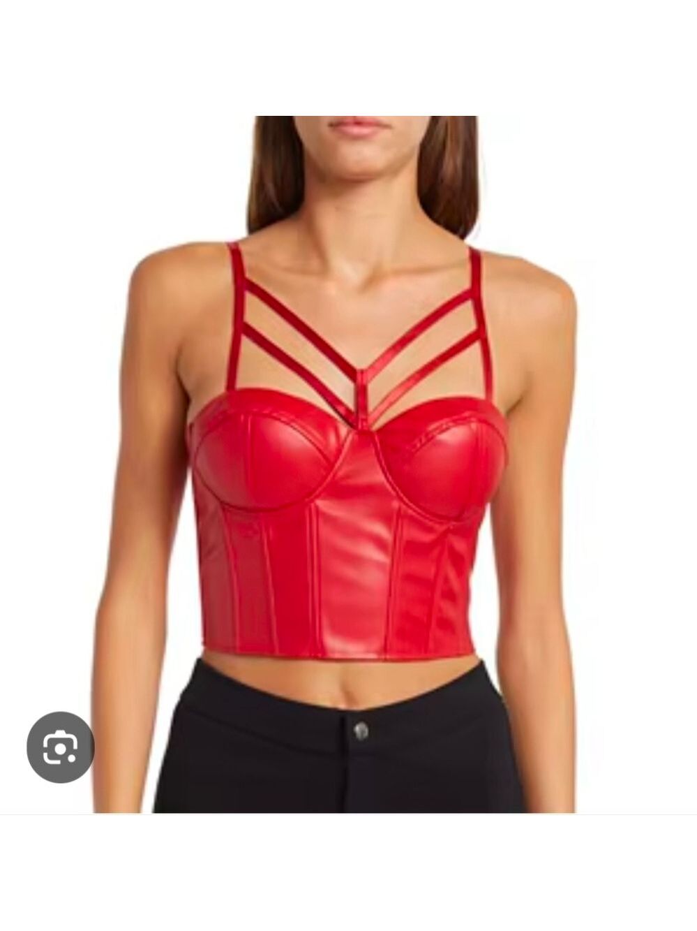 Oppa! faux leather bustier crop top in red, Multi-strap Detailing Size Medium
